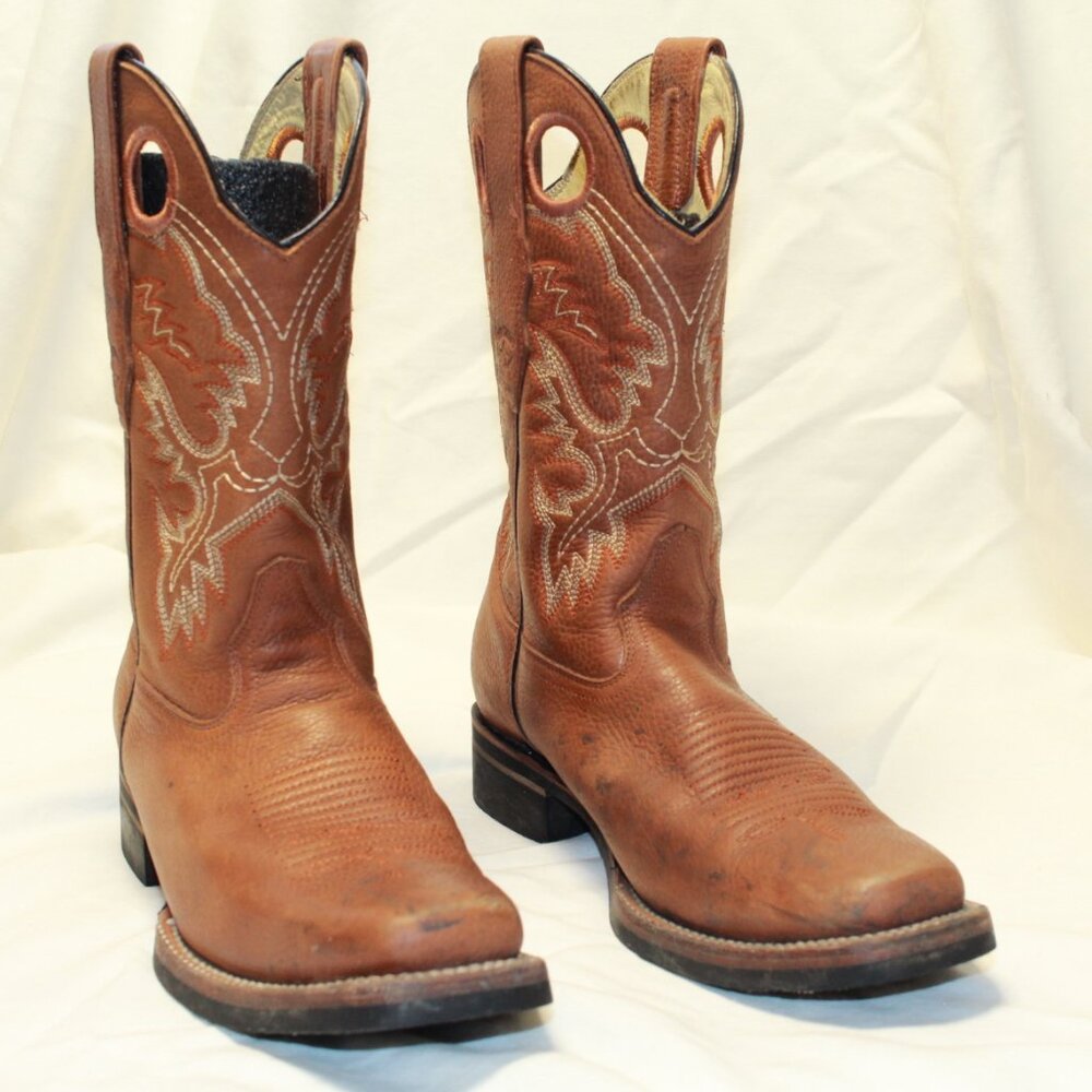Los Altos Size 8.5 EE Honey Brown Leather Square Toe Stitched Pull Strap Boots